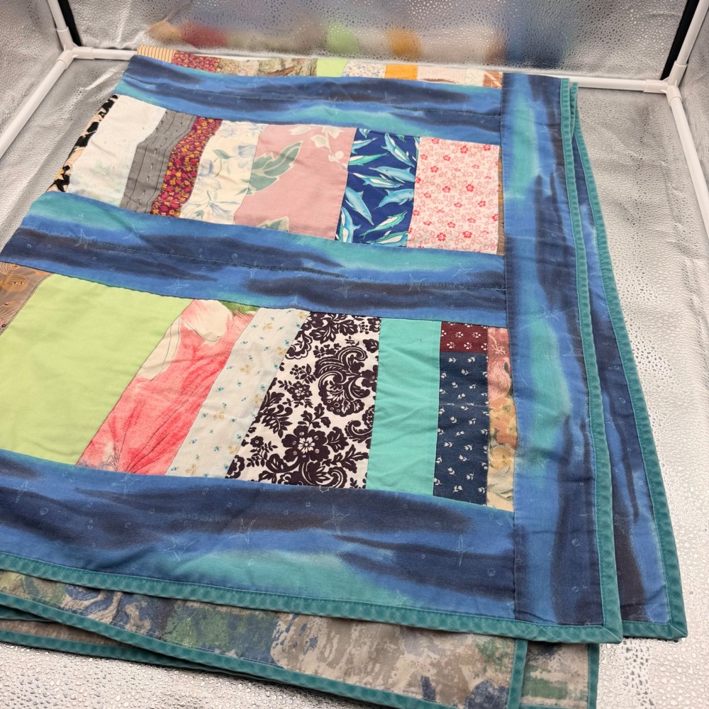 Handmade Patchwork Quilt Unisex 44x57 Blue Multi Excellent Scrap Fabric Throw